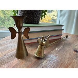 Vintage Brass Angel‎ Candle Holder and Snuffer Set Made in India Gold Taper 2pc